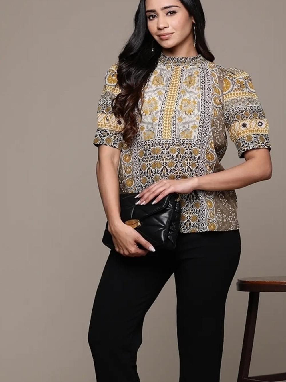 Ritu Kumar Smocked Mock Neck Half Sleeve Blouse Grey Cream S
